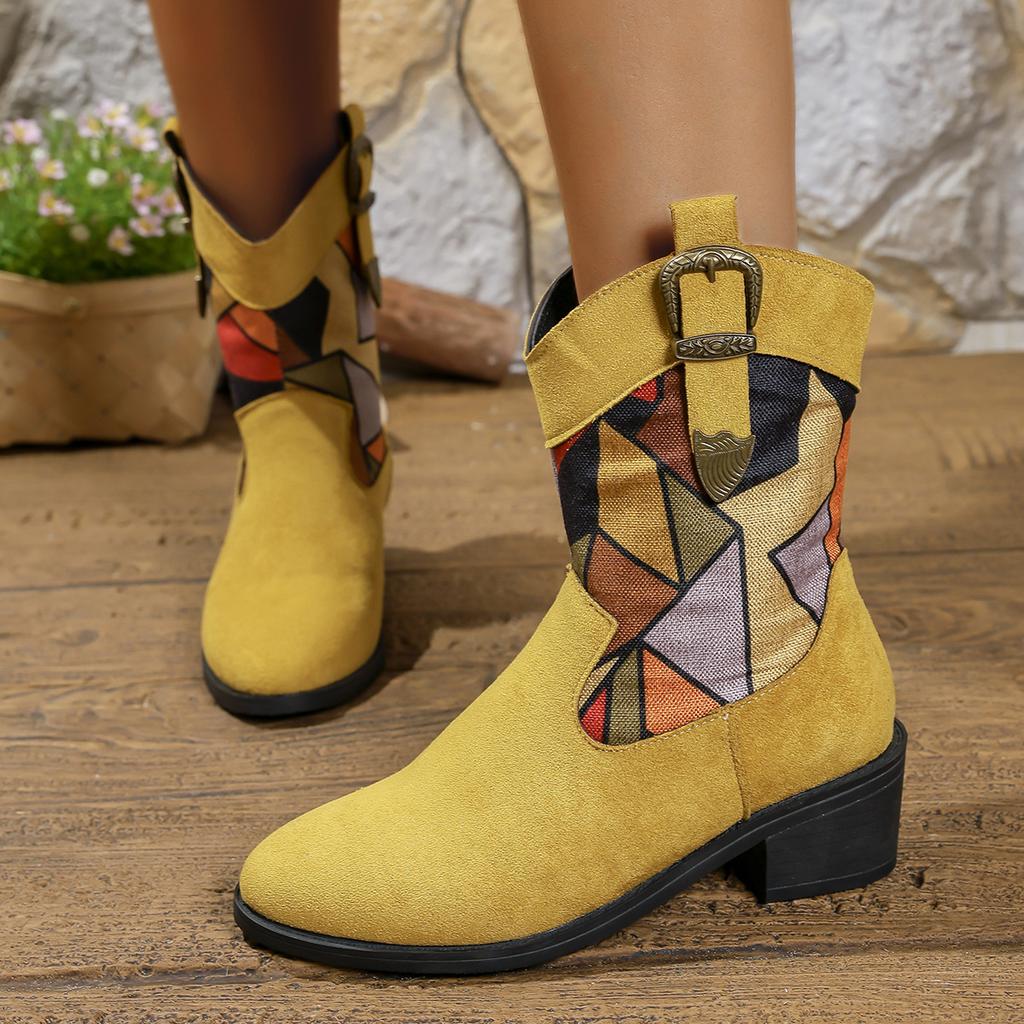Fashion Autumn Women's Ankle Boots Fashion Metal Belt Buckle Mid-heel Western Cowboy Boots Colorful Print Fabric Booties Slip-on Shoes