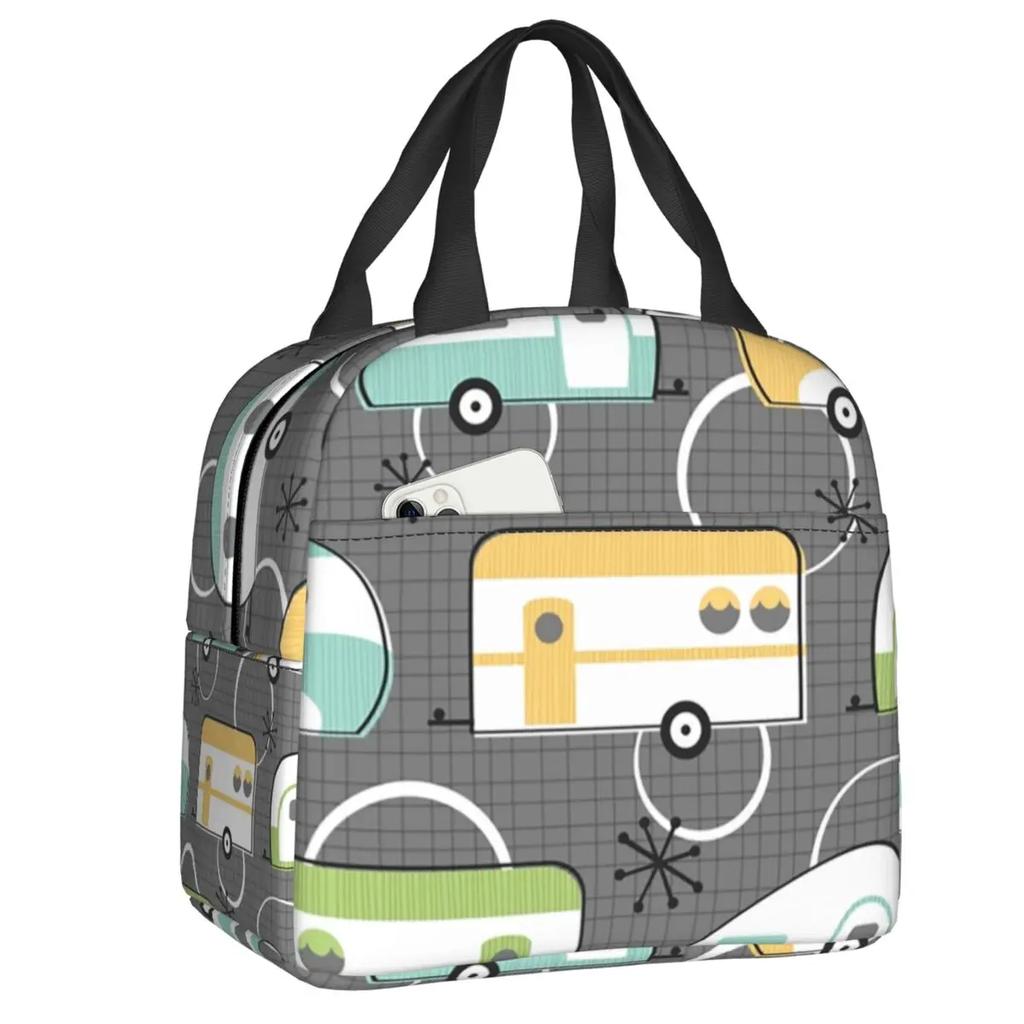 Colourful Vintage Caravans And Flowers Pattern Thermal Insulated Lunch Bags Women Happy Campers Portable Lunch Tote Food Box