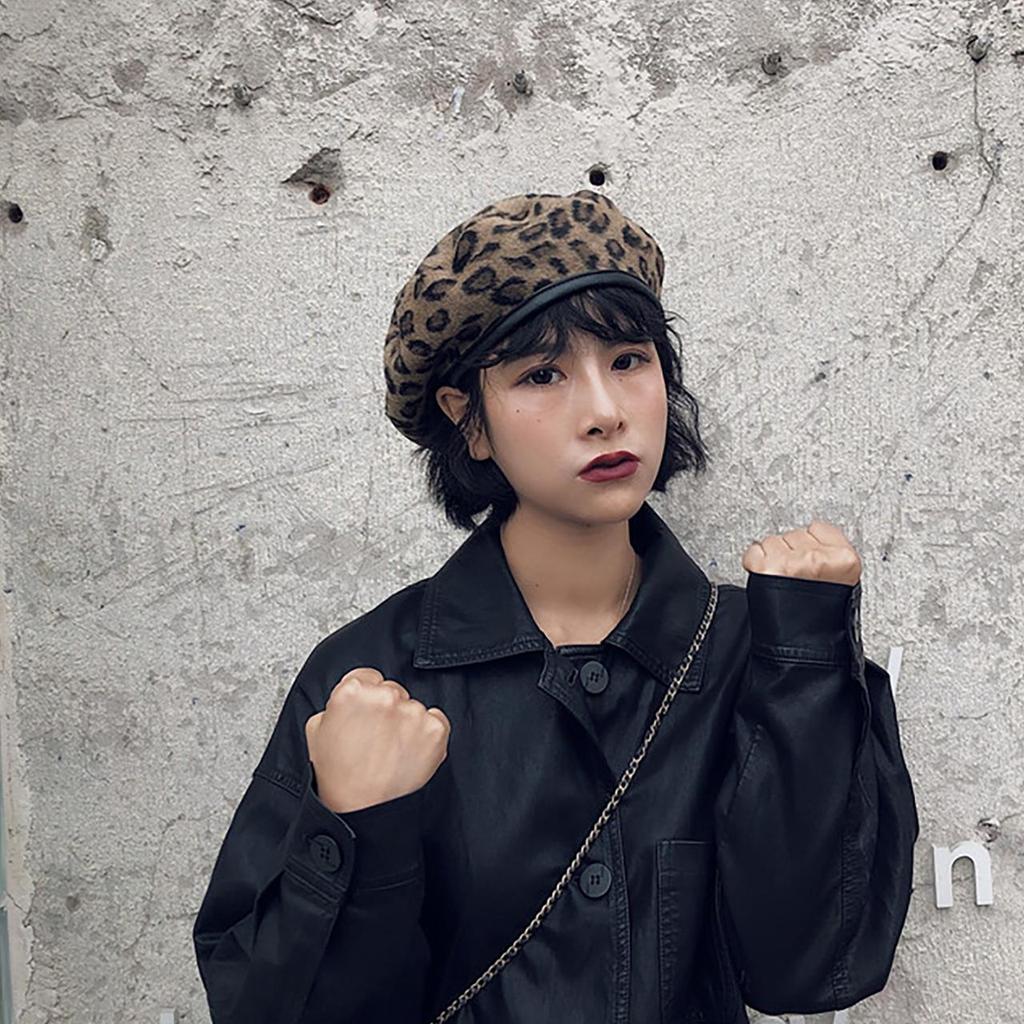 Vintage Leoparden-Baskenmütze Damen Herbst Winter Wolle Achteckig Vielseitige Cowboy-Kappe Koreanischer Mädchen-Stil Winddichte Maler-Künstler-Hüte
