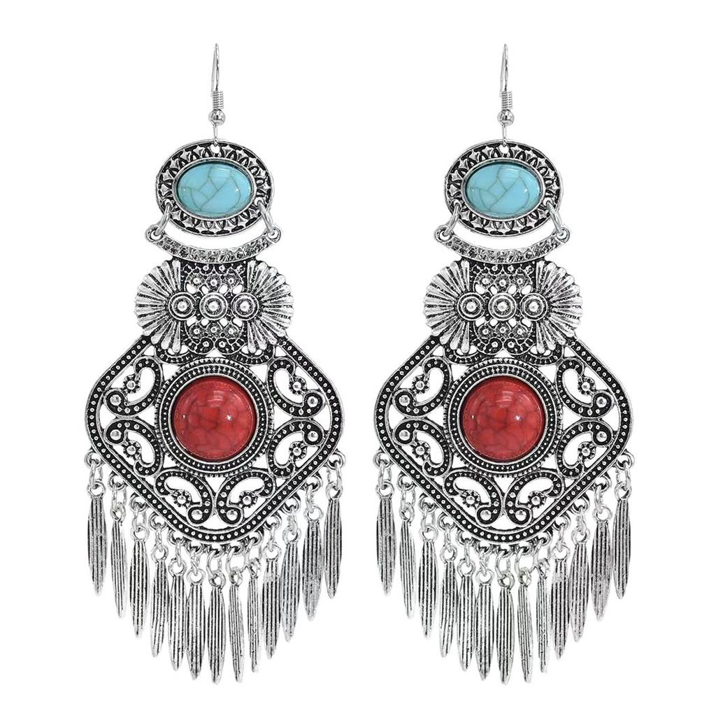Vintage Ethnic Turquoise Earrings Women'S Bohemian Fringed Earrings Beaded High-End Earrings