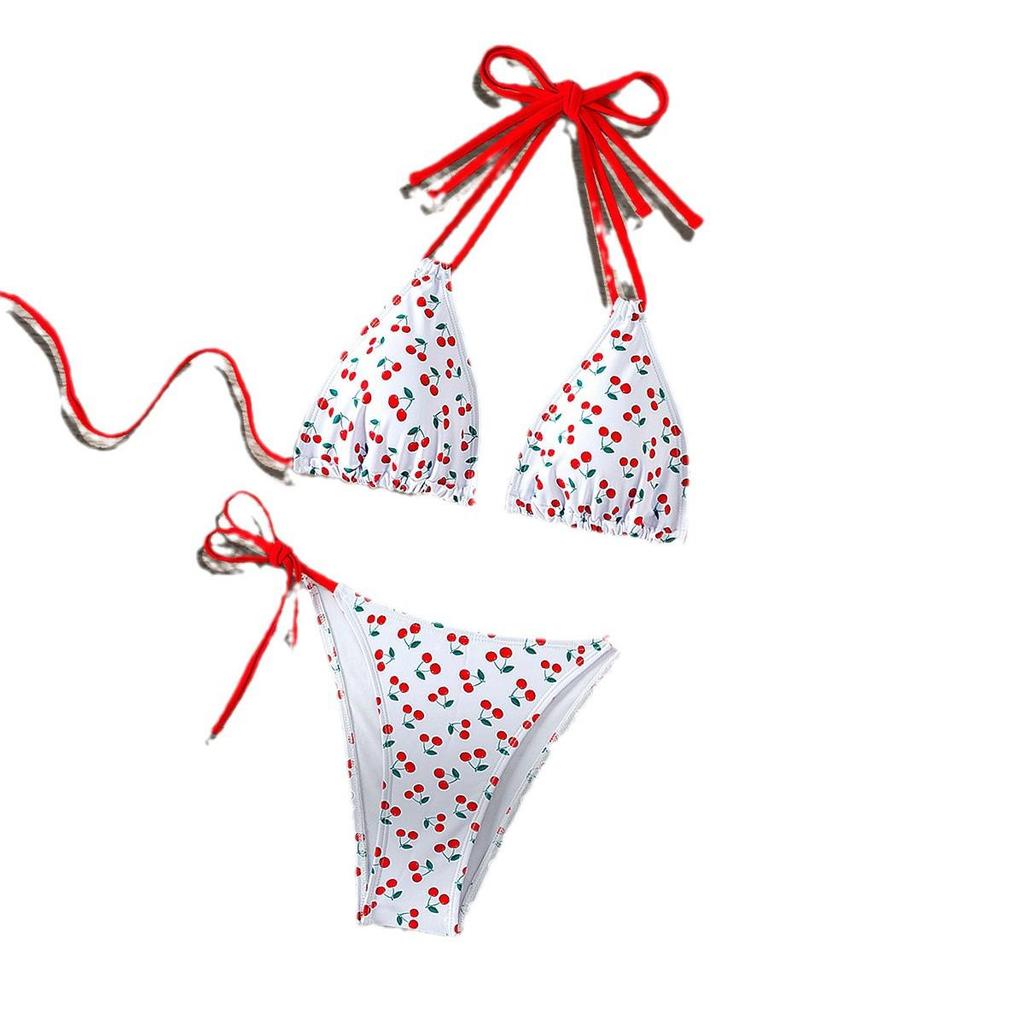2024 Cherry Print Halter Tie-Back Backless Bikini Swimwear for Women