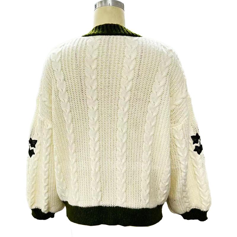 Fall Winter Vintage Outfit Cardigan Green Vine Embroidered Button Down Cable Knit Lantern Sleeve Sweater Loose Casual Woolen Cardigan Jacket
