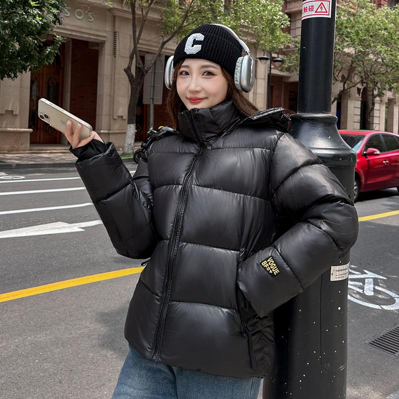 Women's Autumn and Winter Black and Gold Hooded Thickened Loose Warm Short Down Cotton Clothes Women's Bright Bread Clothes Jacket