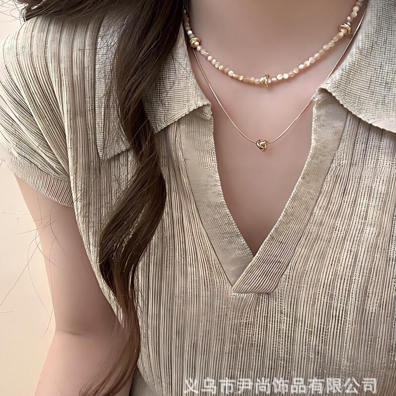 Sweet And Cool Style Light Luxury Niche Fashion Double-Layer Stacked Copper-Plated Real Gold Natural Stone Beaded Necklace Collarbone Chain