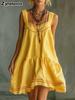 Neues Retro Lässiges Mode Gepresste Blume Bequem Einfarbige Baumwolle Leinen Mini Trägerkleid