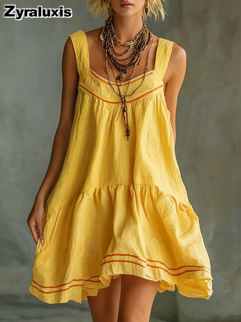 Neues Retro Lässiges Mode Gepresste Blume Bequem Einfarbige Baumwolle Leinen Mini Trägerkleid
