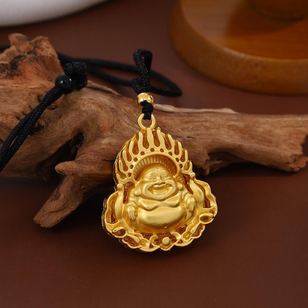 Ancient Method Inheritance Flame Buddha Head Small Fat Blessing Pendant Necklace, Guochao Imitation Vietnamese Sand Gold Enamel Ethnic Style Necklace