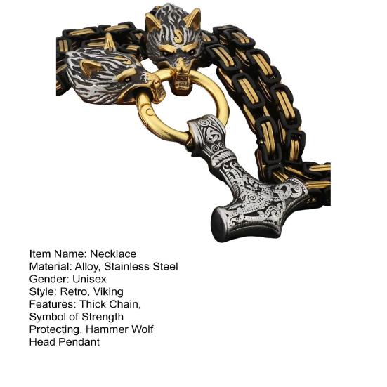 Men Necklace Retro Nordic Viking Style Hammer Wolf Head Pendant Amulet Thick