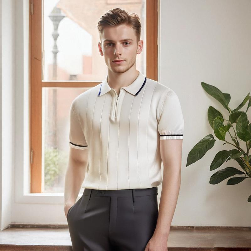 Summer Thin Ice Silk Turn-Down Collar Men's Polo Shirt Knitted Short Sleeve T-Shirt Half-Zip Trendy Slim Fit Half Sleeve
