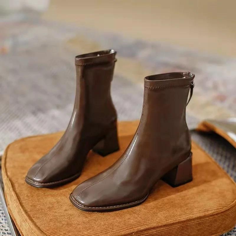 Women Outdoor Square Toe Ankle Boots Women Comfortable Fashion Designer Shoes Mid Heels Zipper Boots Big Size Shoes For Women