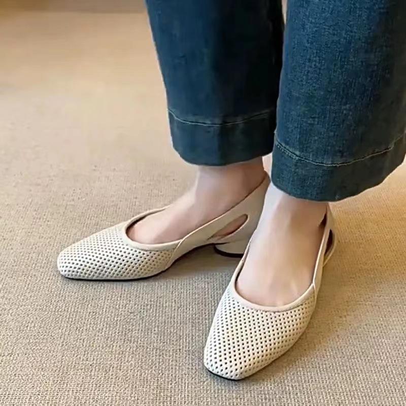 Super Soft Sheepskin~ Cool Single Shoes Women's Square Head Hollow Hole Shoes Retro Shallow Mouth Hollow Breathable Mary Jane Shoes