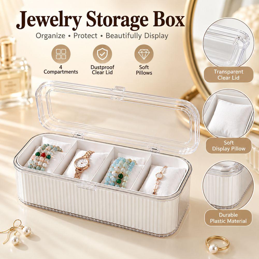 Dustproof Jewelry Organizer Box 4 Compartment Watch Display Case Jewelry Storage