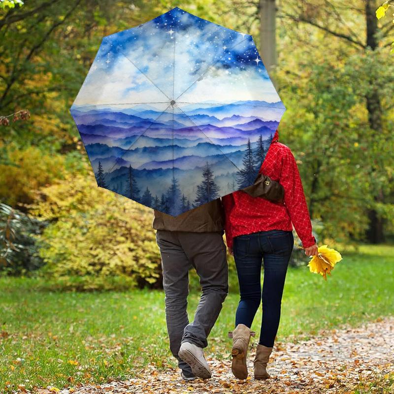 1pc night sky mountains Automatic Folding Umbrella, Heavy Duty 8 Rib Iron Frame, Suitable for Travel, Daily Use, Birthday, Decor Gift m0105119