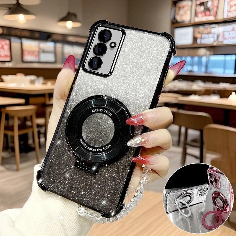A 16 36 56 Clear Chain Luxury Ring Holder Plating Silicone Case For Samsung Galaxy A16 A26 A36 A56 A15 A35 A55 Shockproof Cover
