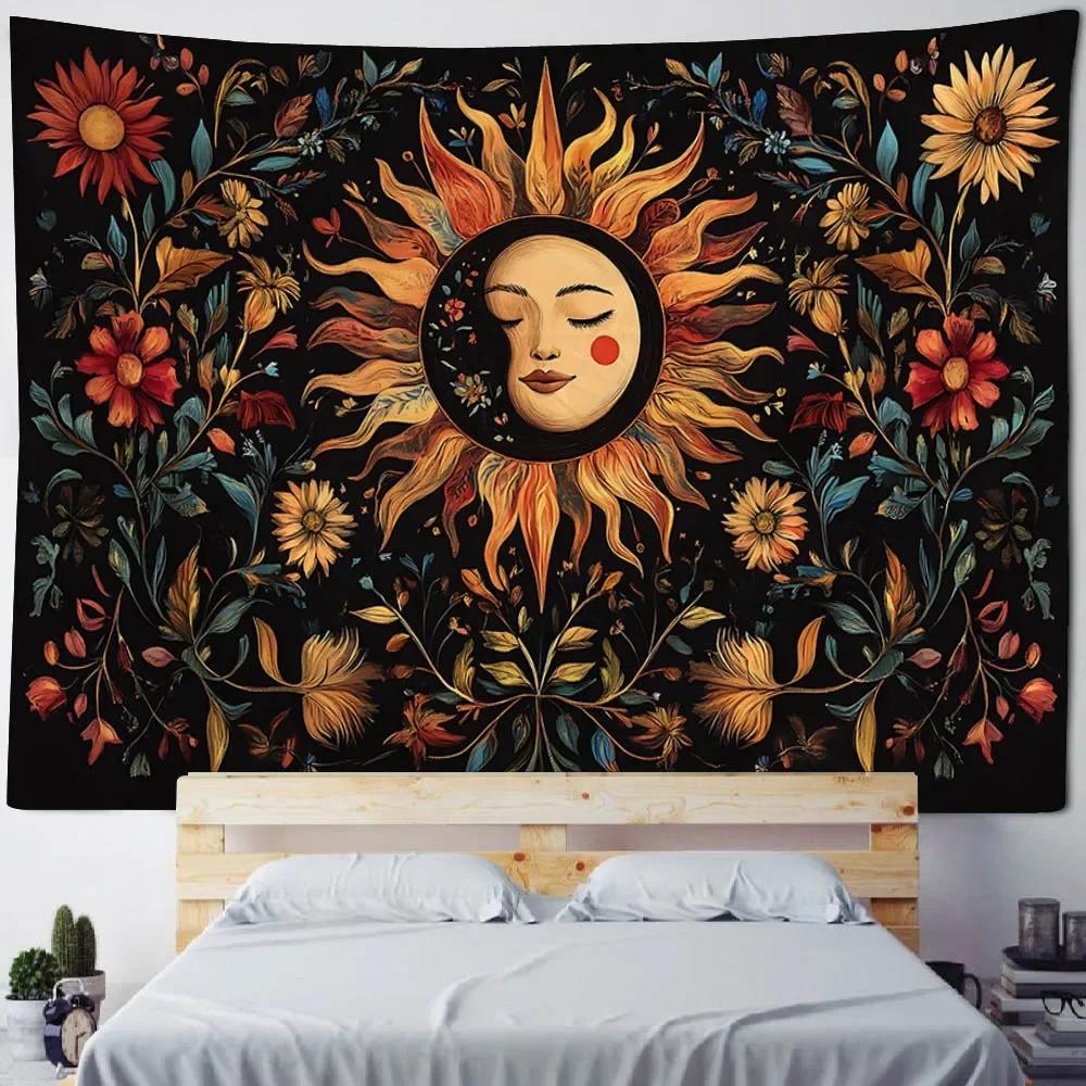 Sun God Art Tapestry Hippie Sun Moon Wall Tapestry Home Aesthetics Decoration Wall Cloth Beach Towel Tablecloth Bed Sheet