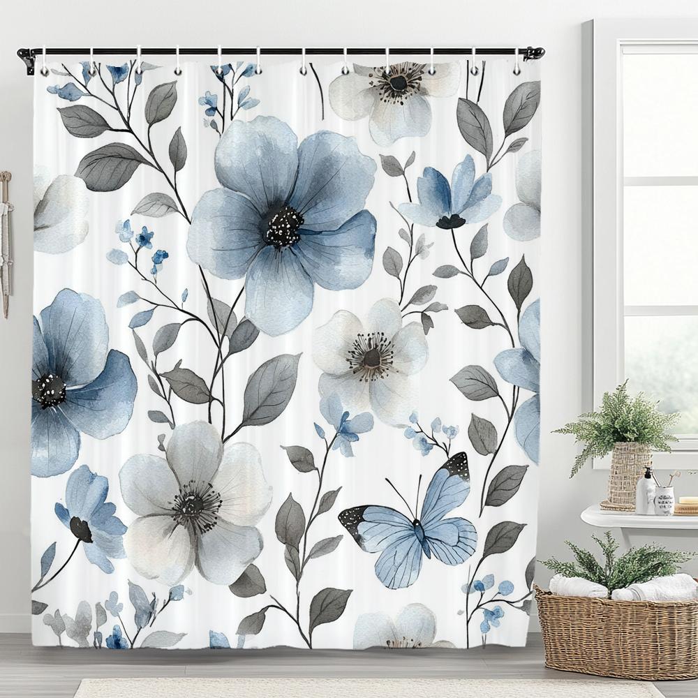 Beautiful Flowers Shower Curtain for Bathroom Blue Floral Romantic Wildflower Plants Nature Scenery Home Decor Curtain with Hook
