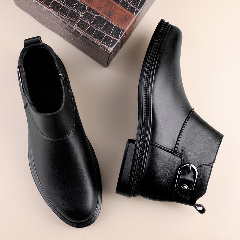 Genuine Leather Mens Business Shoes Comfy Retro Chelsea Ankle Boots High Quality Non-Slip Male Shoes Warm Plush Fur Winter Boots