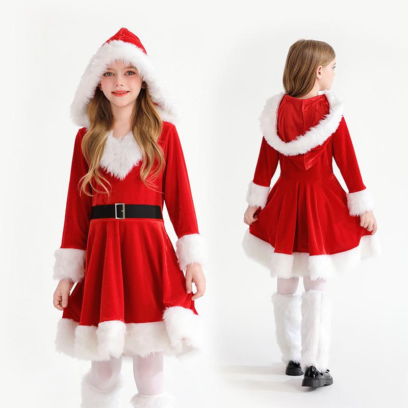 Christmas Children's Clothing Girls Long Sleeves Red Dress Party Dress Up Santa Claus