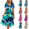 Vestido Casual de Mujer con Cuello en V de Manga Corta, Estampado Floral Vintage, Largo hasta la Rodilla, Ligero para Verano, con Falda Acampanada y Corte Relajado