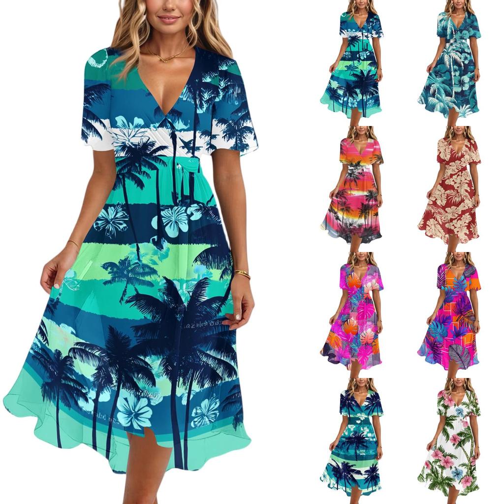 Vestido Casual de Mujer con Cuello en V de Manga Corta, Estampado Floral Vintage, Largo hasta la Rodilla, Ligero para Verano, con Falda Acampanada y Corte Relajado