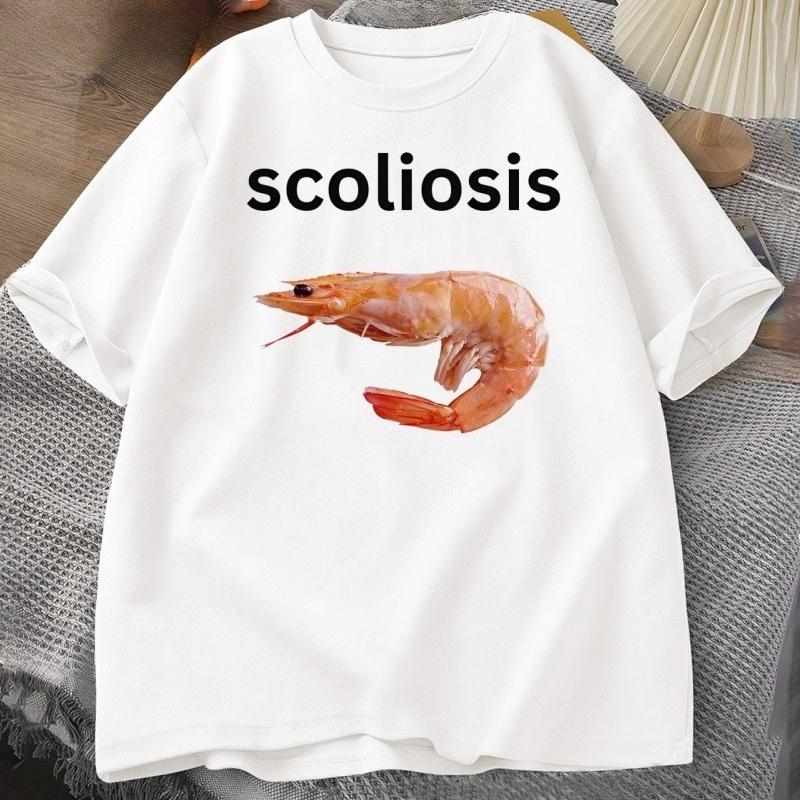 Shrimp with Scoliosis Graphic T Shirts Funny Curved Shrimp Meme T Shirt Seafood Humor Tee Cotton Short Sleeve Round Neck Tops