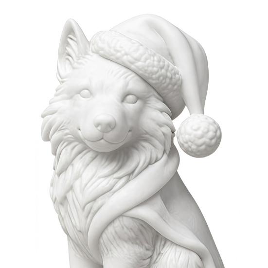 Creative Christmas Gift 3D Printed Wolf Figurine, Cute Animal Statue with Santa Figurine Hat And Scarf for Tabletop, Mantel Shelf Home Office