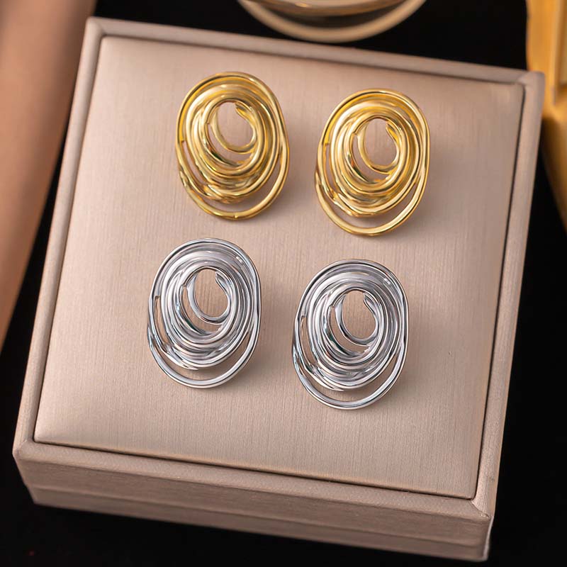 Stainless Steel Metal Oval Line Stud Earrings For Women Exaggerated Gold Color Geometric Earrings Jewelry Accessories