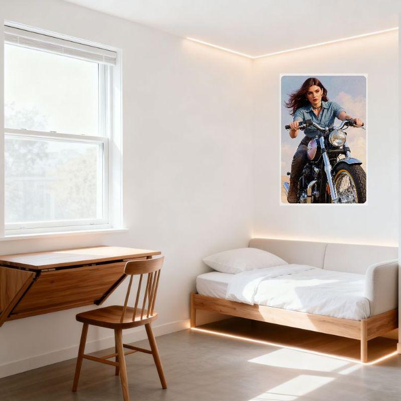 Sexig kvinna på kromad motorcykel Ökenlandskap Plåtskylt Vintage Metallväggdekor för Bar Pub Hemcafé 8x12 tum