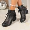 Women'S Breathable Cut-Out Chunky Heel Ankle Boots - Soft Synthetic Cover Round Toe Lace-Up Boots with Thick Rubber Sole for Casual & Formal Outfits
