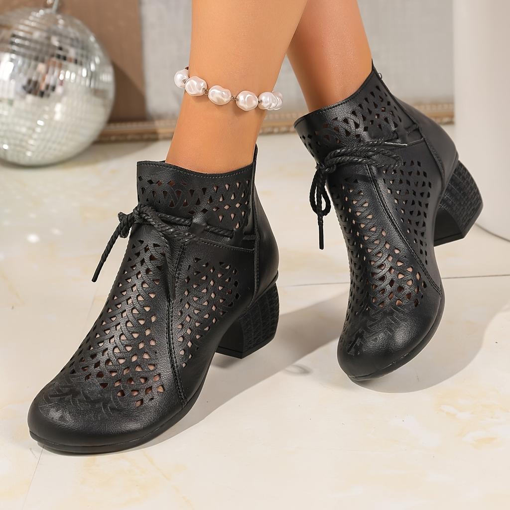 Women'S Breathable Cut-Out Chunky Heel Ankle Boots - Soft Synthetic Cover Round Toe Lace-Up Boots with Thick Rubber Sole for Casual & Formal Outfits