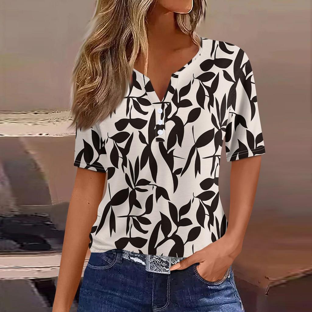 Women's T Shirt Tee Print Button Short Sleeve Daily Weekend Fashion Basic V- Neck Regular Top