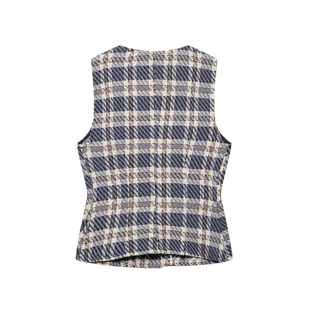 European & American Women's Summer Plaid Sleeveless Vest and Wide Pleated Culottes Set A36231/2