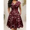 Summer V-neck Pocket Short Sleeve Printed Long Elegant Dress for Women European American Style