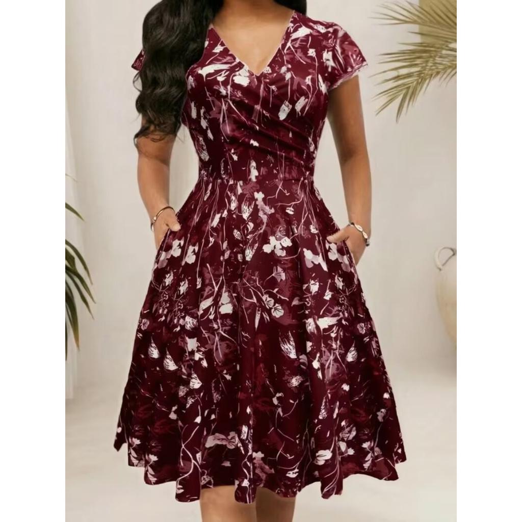 Summer V-neck Pocket Short Sleeve Printed Long Elegant Dress for Women European American Style