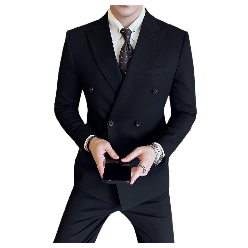 Men's British Style Double-Breasted Suit Coat: Autumn & Winter Peak Lapel for Business, Commute, & Banquet.