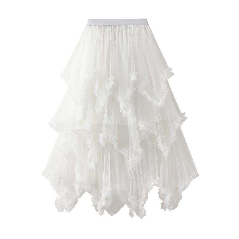 Women's Japanese Style Ruffle Mesh Midi Skirt - Fluffy Fairy Gauze with Wide Hem