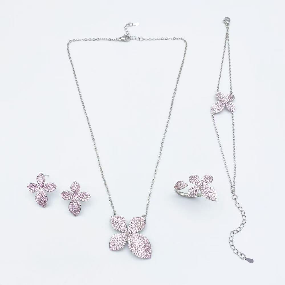 

Flora Four Leaf Clover Cubic Zirconia Jewelry Set Plated Copper Bracelet Ring Necklace Earrings Valentine s Day Gift for Her resizable&45cm&Imitation Rhodium Plated розовый