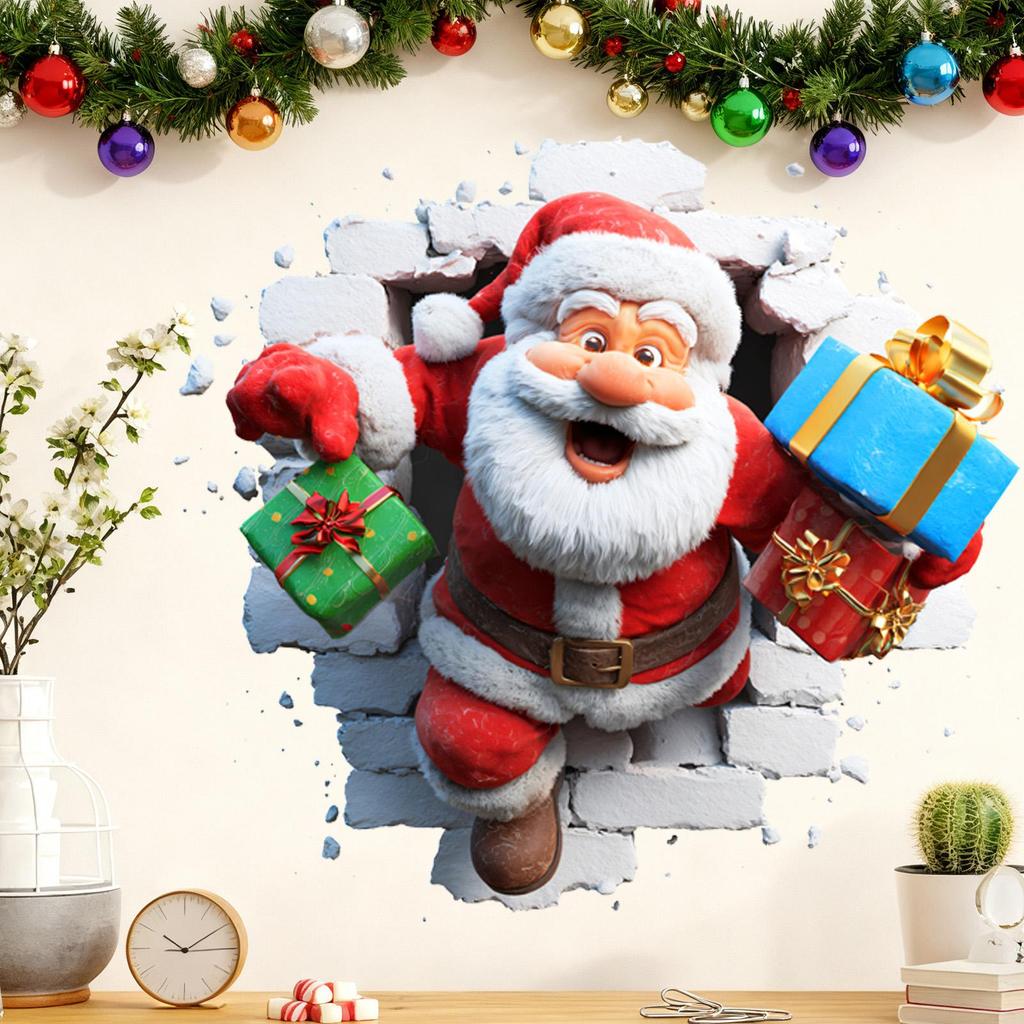 Christmas Window Stickers Santa Claus Broken Wall Decals Removable 3D Visual Design Art Sticker For Home Kitchen Bathroom