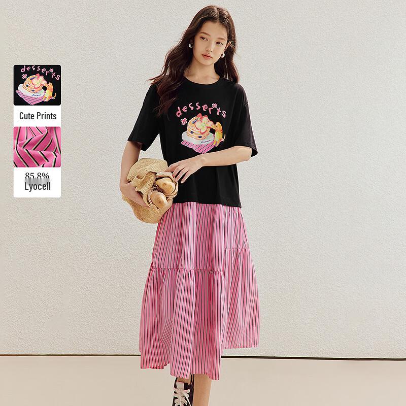 

INMAN Lyocell Stripe Fake Two-Piece T-Shirt Dress S