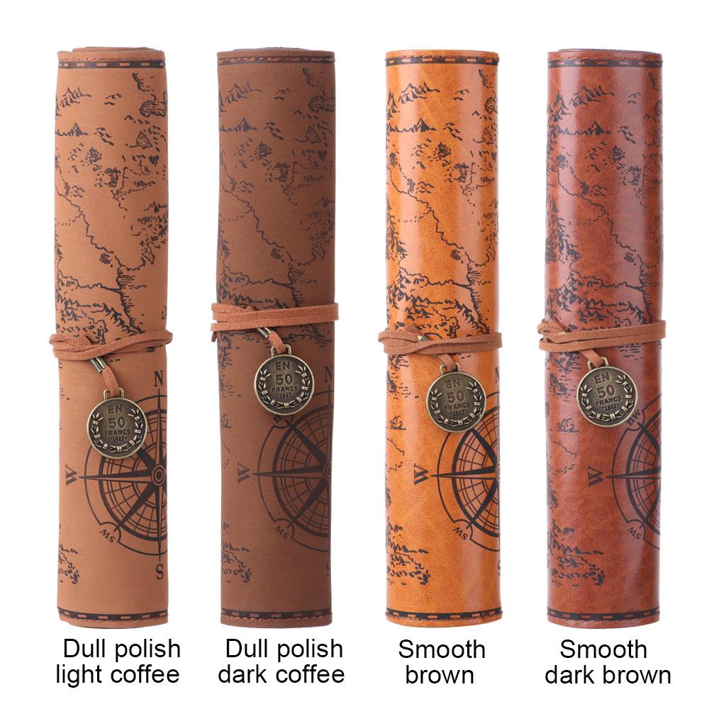 1 PCS Retro Treasure Map Roll Pencil Case PU Leather Big Capacity Pen Bag Makeup Brush Pouch Pencilcase School Stationery Supplies