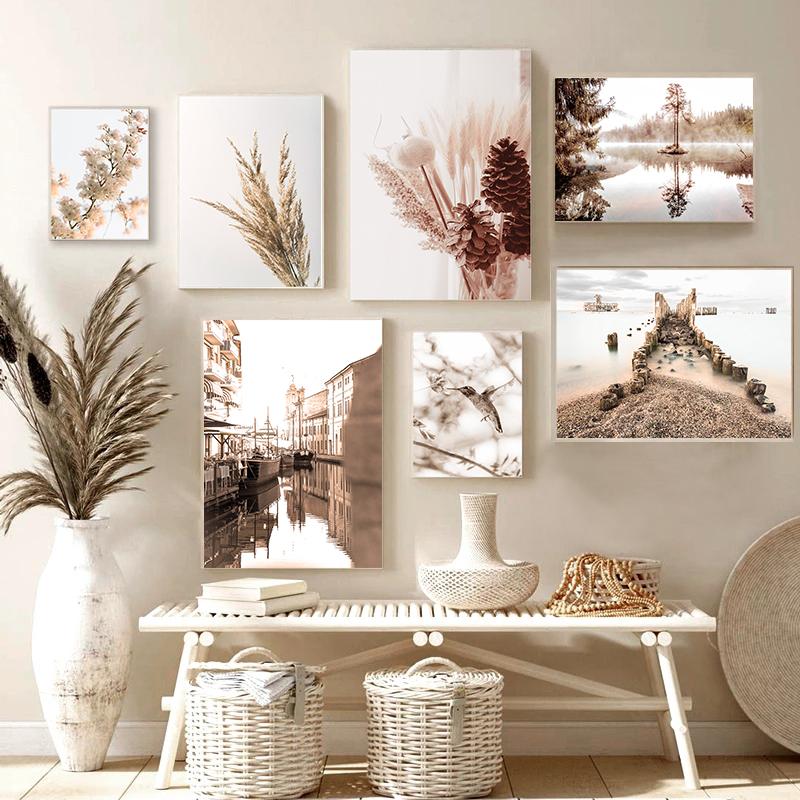 Landscape Scandinavian Nature Canvas Painting Flower Grass Beach Bird Wall Art Poster Nordic Print Modern Home Decor Picture