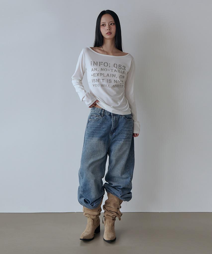 5OML Boat Neck Lettering Off-Shoulder Long Sleeve (Ivory)