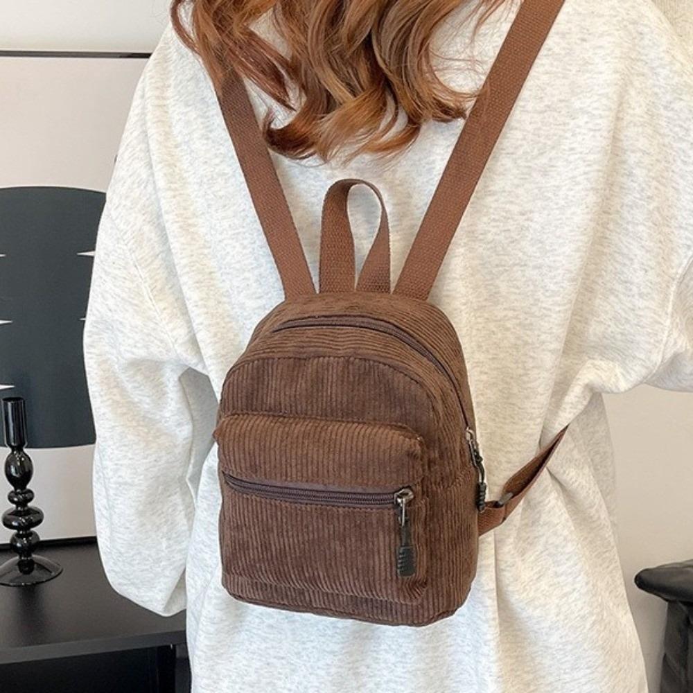 Zipper Double Shoulder Bag Lightweight Daypack Korean Style Corduroy Mini Backpack Casual Travel