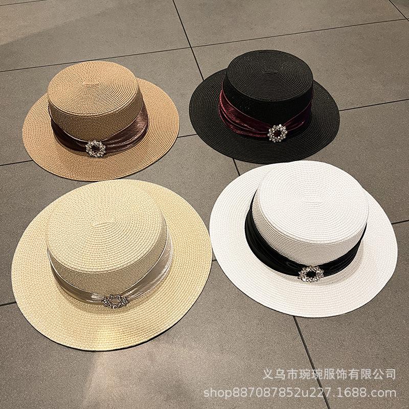 Summer Rhinestone Buckle Satin Webbing Flat Top Straw Hat Women's Outdoor Seaside Breathable Sunshade Sun Protection Beach Sun Hat