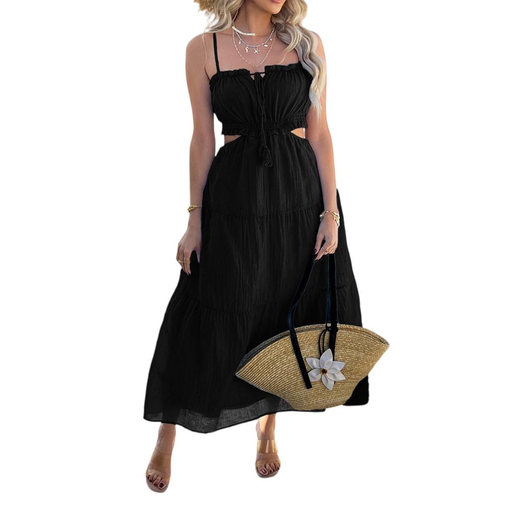 Women's Fashionable Casual Solid Color Bohemian Vacation High Waisted Patchwork Suspender Dress