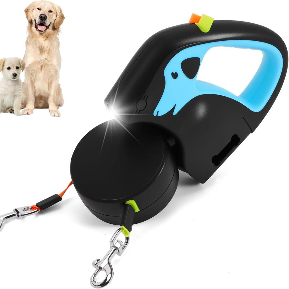 

Двойной выдвижной поводок для собак, нескользящий поводок для выгула 2 собак без запутывания, с перезаряжаемым ночным фонариком, блокировка одним касанием, с пакетиками для фекалий синий