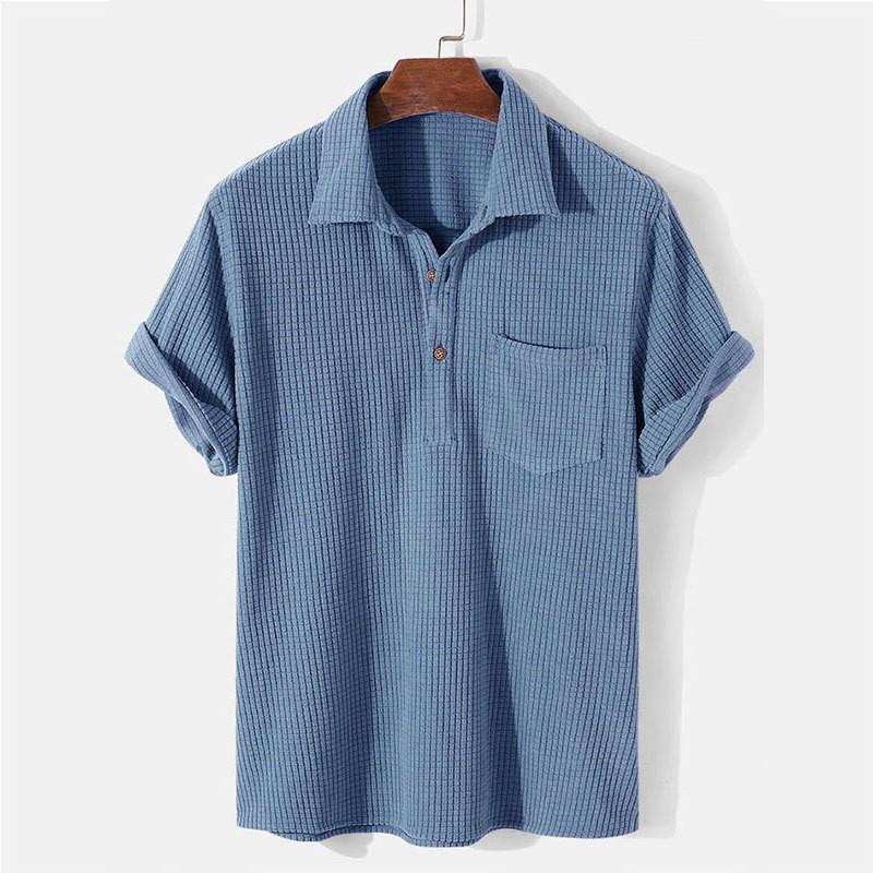 

Men s Summer Clothing Retro Fleeced Button-down Short Sleeve Shirt Streetwear Solid Color Cardigan Pocket Check Blouses 2026 New M синий