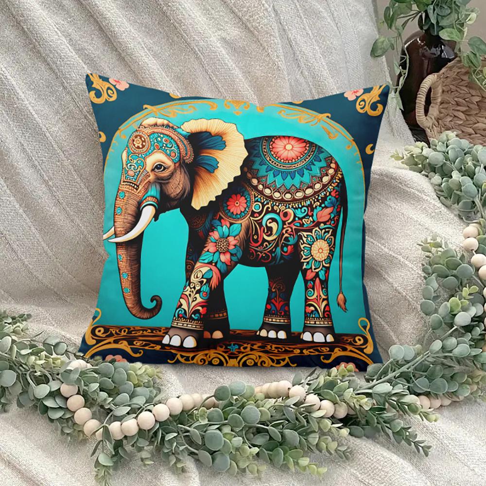 2D Flat- Bohemian Elephant Decorative Throw Pillow Cover Ethnic Style Floral Cushion Case For Home Sofa Bedroom