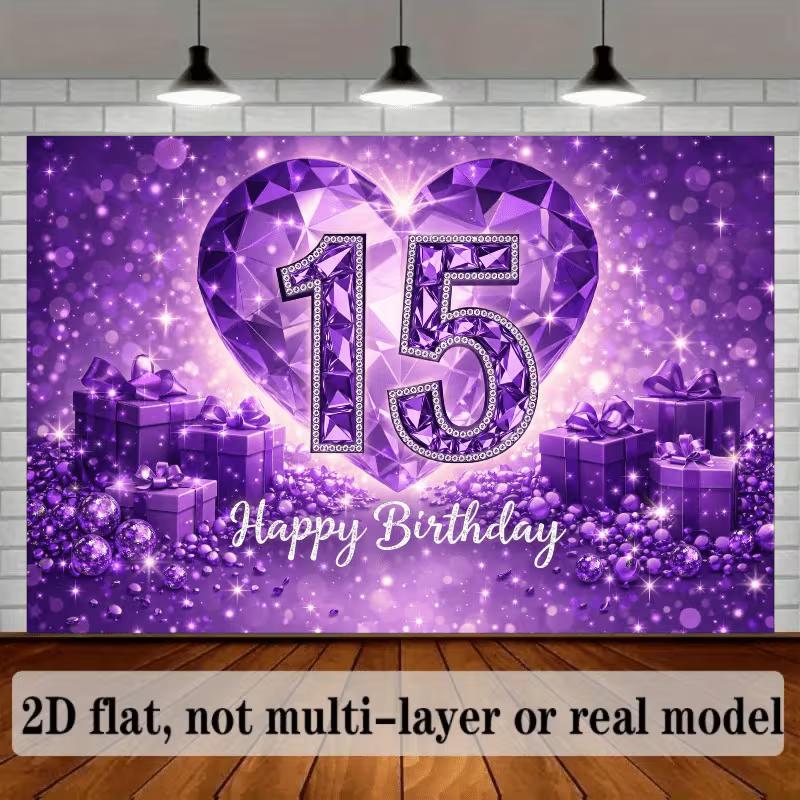 Sfondo per Festa di 15° Compleanno 2D, Glitter Viola Diamante e Scatola Regalo Sfondo Fotografico