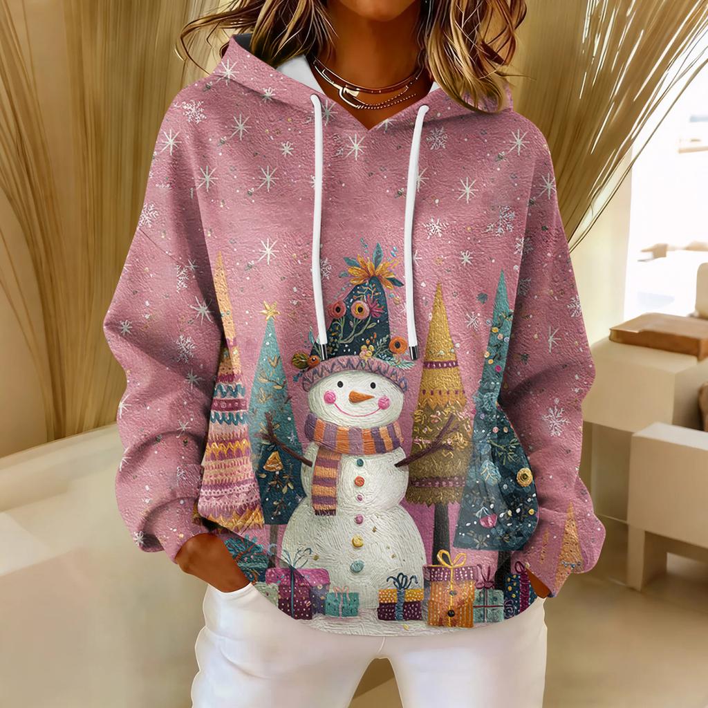 Dámská volná pohodlná ležérní módní mikina s dlouhým rukávem a vánočním potiskem ve výstřihu do V